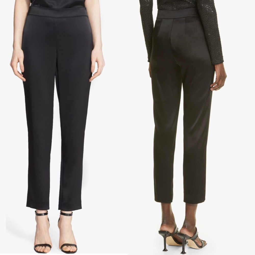 St. John Caviar Black Satin Tapered Pants Side Zip Ankle Trousers Womens 8